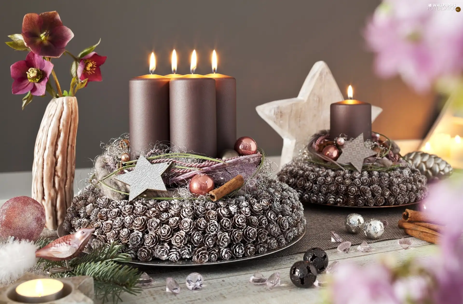 Wreaths, Flowers, composition, candle, Christmas