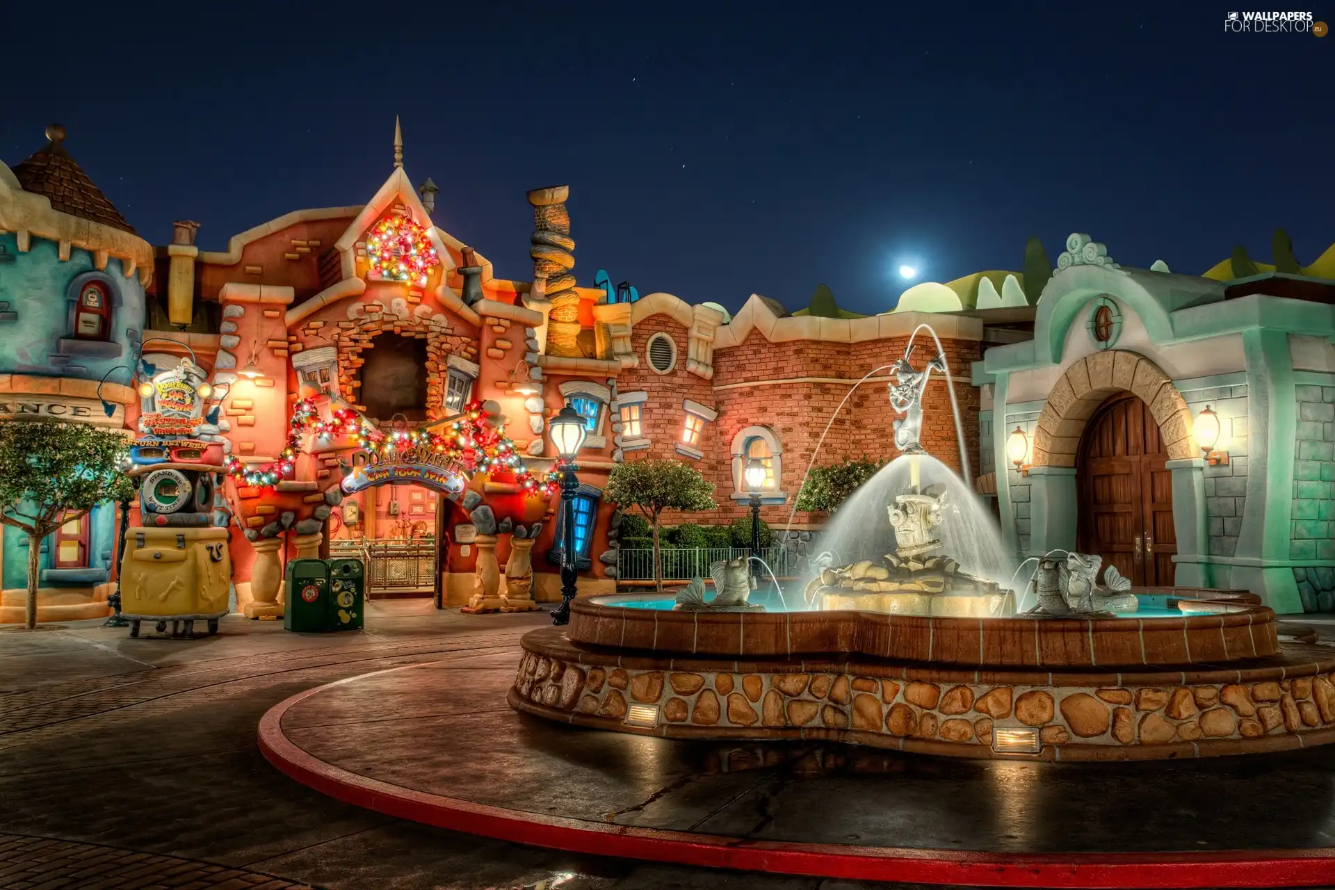 buildings, Night, California, fountain, Town, Disneyland, USA