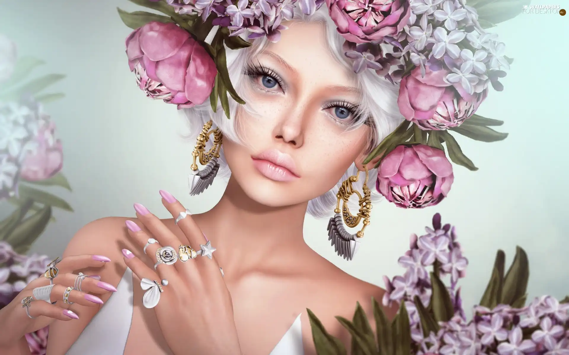 ear-ring, Flowers, make-up, rings, girl, wreath, graphics