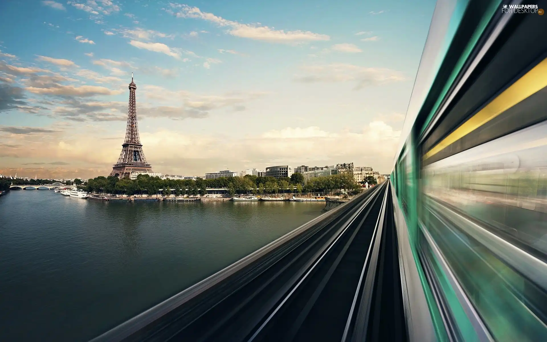 Eiffla Tower, Train, France, River, Paris