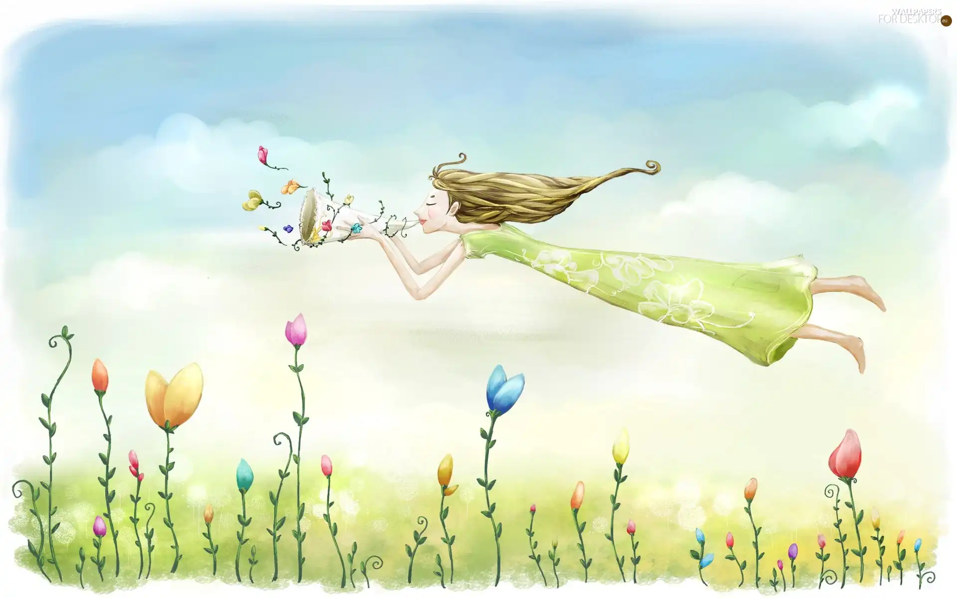 Flying, Flowers, fantasy, girl