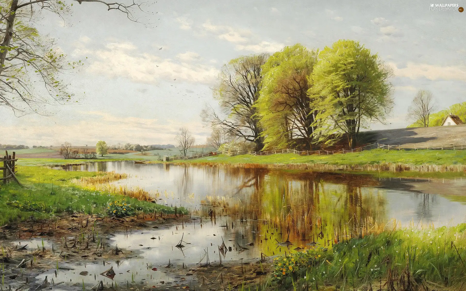 Flowers, country, trees, picture, landscape, Cow, viewes, house, Pond - car, Spring, Peder Mork Monsted, painting, Boat, fence