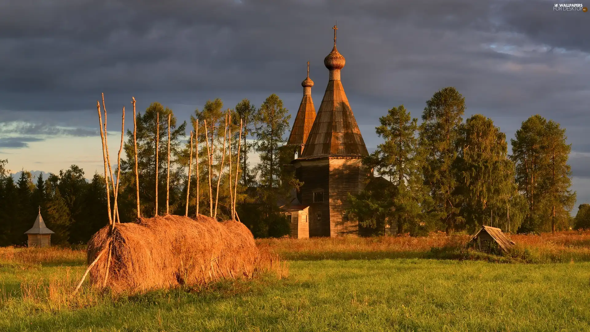 viewes, Church, Hay, Field, Stack, trees