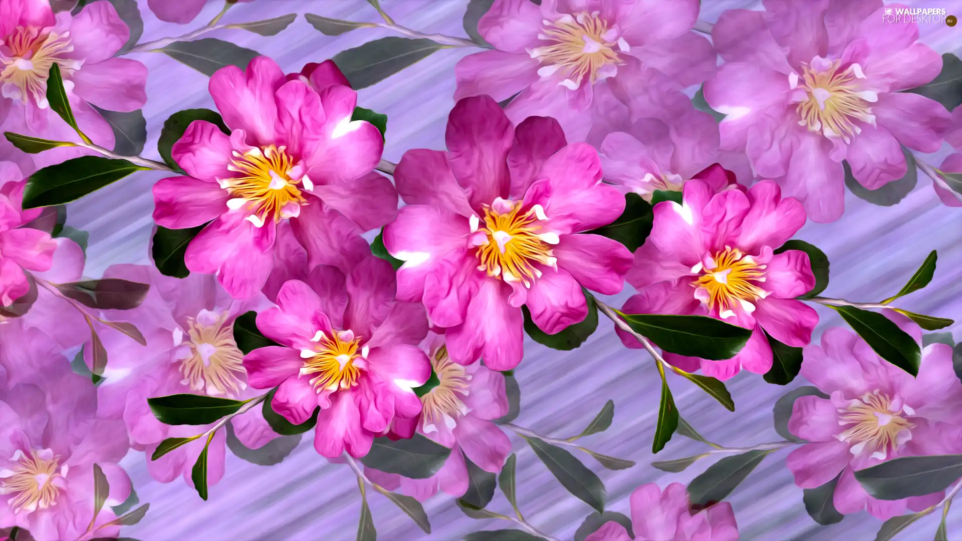 purple background, graphics, Flowers, leaves, Pink