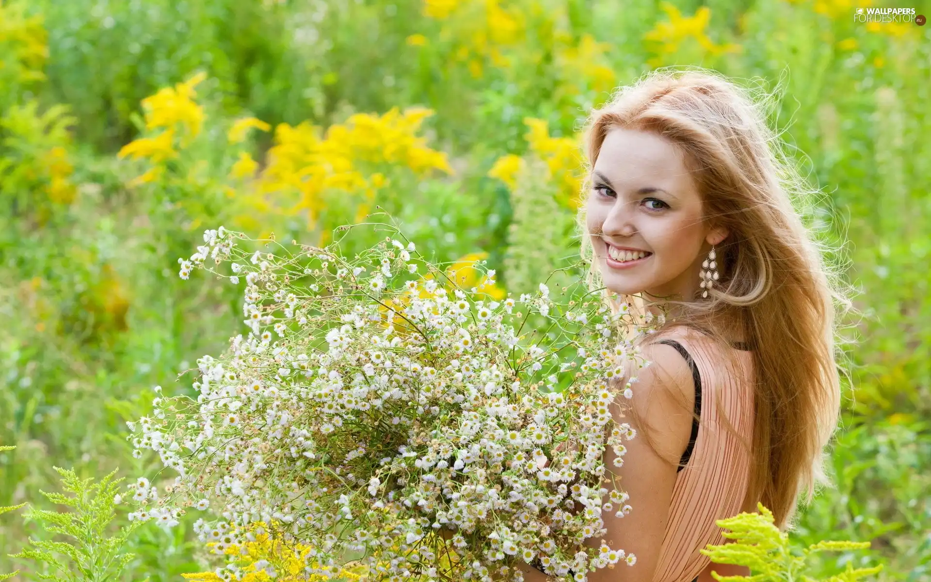 smiling, Meadow, Flowers, Blonde