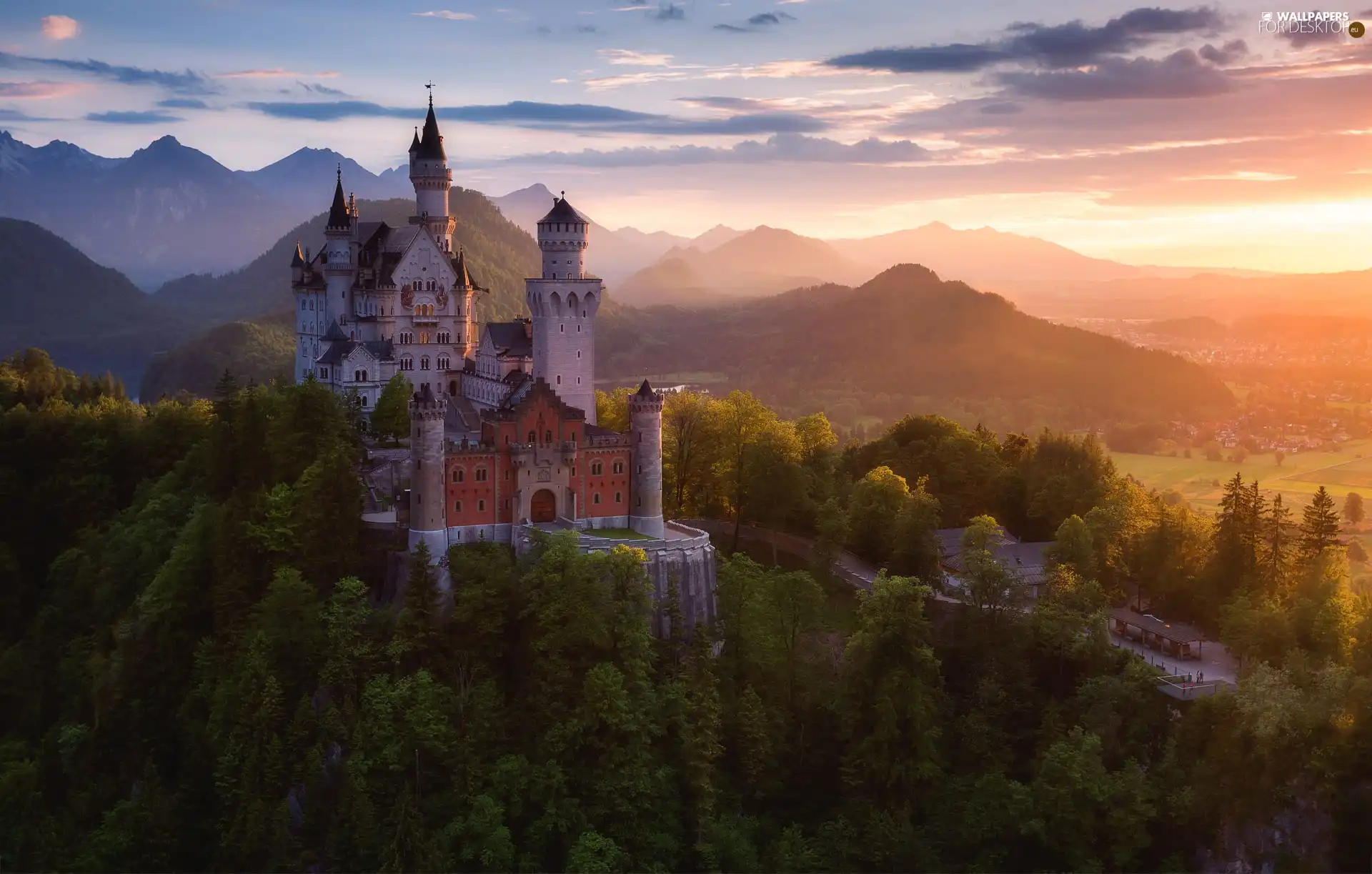 Germany, Neuschwanstein Castle, clouds, Alps Mountains, woods, Fog, viewes, Bavaria, Schwangau Commune, trees, Great Sunsets