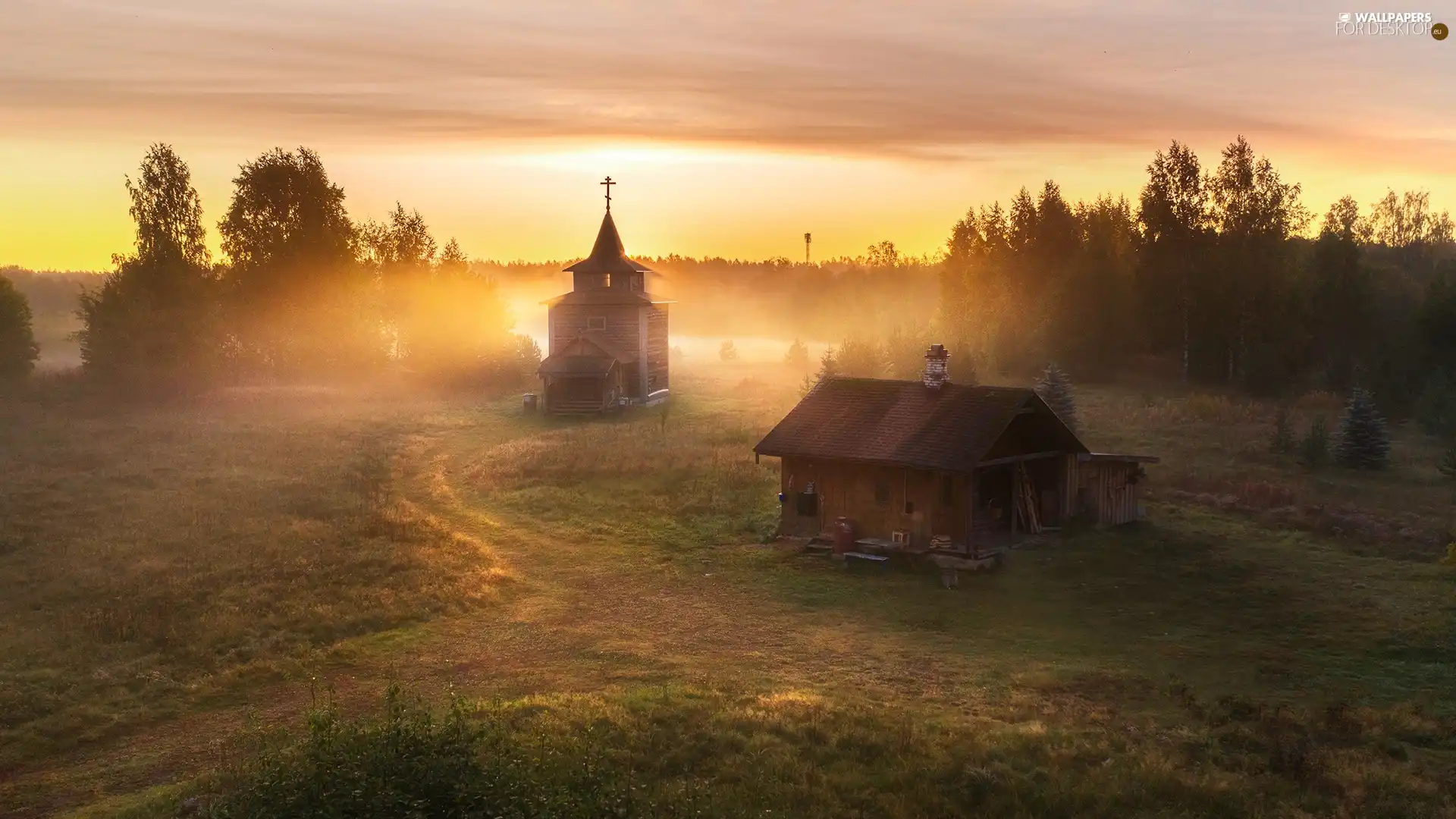Houses, chapel, viewes, church, trees, country, Sunrise, Fog