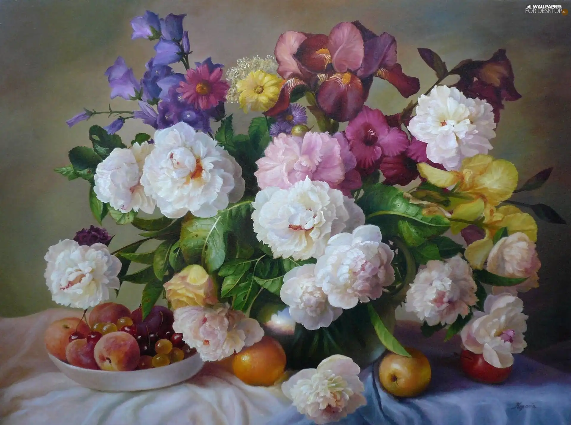 picture, Zbigniew Kopania, Peonies, Fruits, Bouquet of Flowers