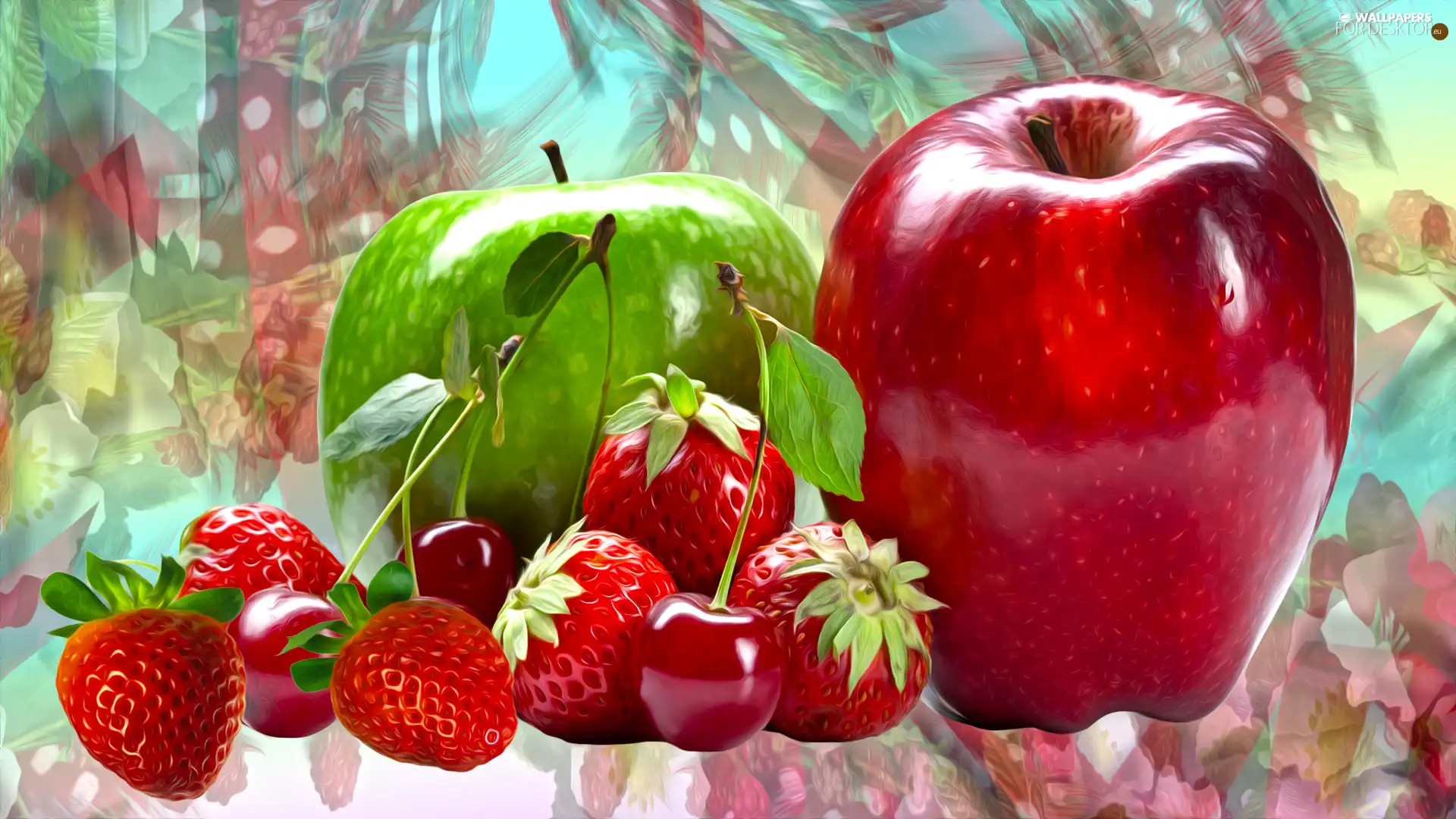 cherries, graphics, apples, strawberries, Fruits