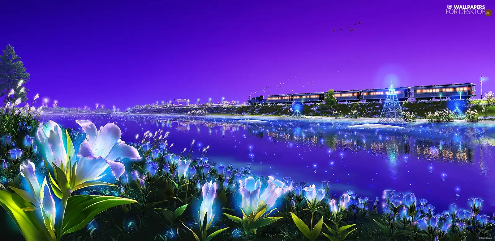 graphics, Kagaya, Flowers, River, The luminous