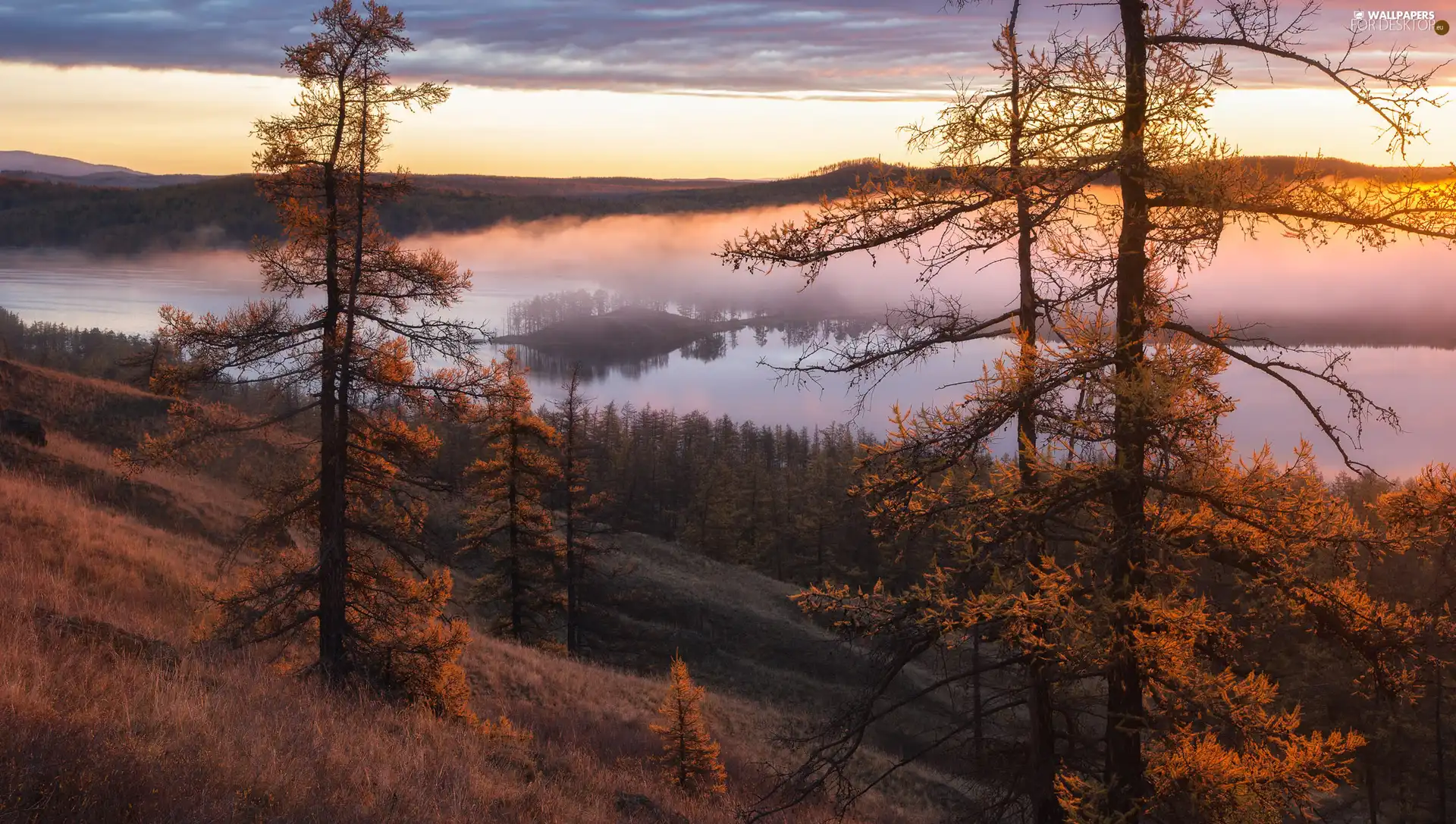 lake, trees, Fog, viewes, clouds, Mountains, autumn, grass