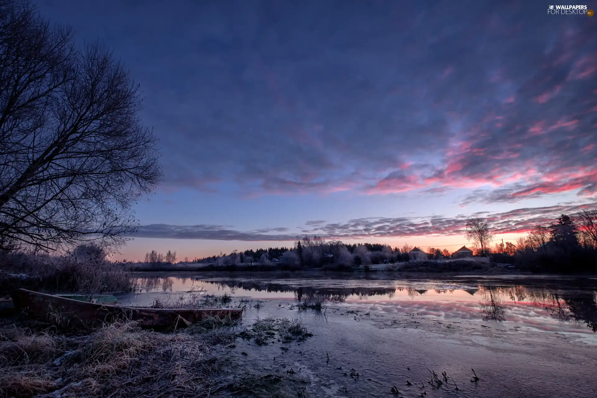 clouds, coast, White frost, Latgale, trees, River, grass, Latvia, Great Sunsets, viewes