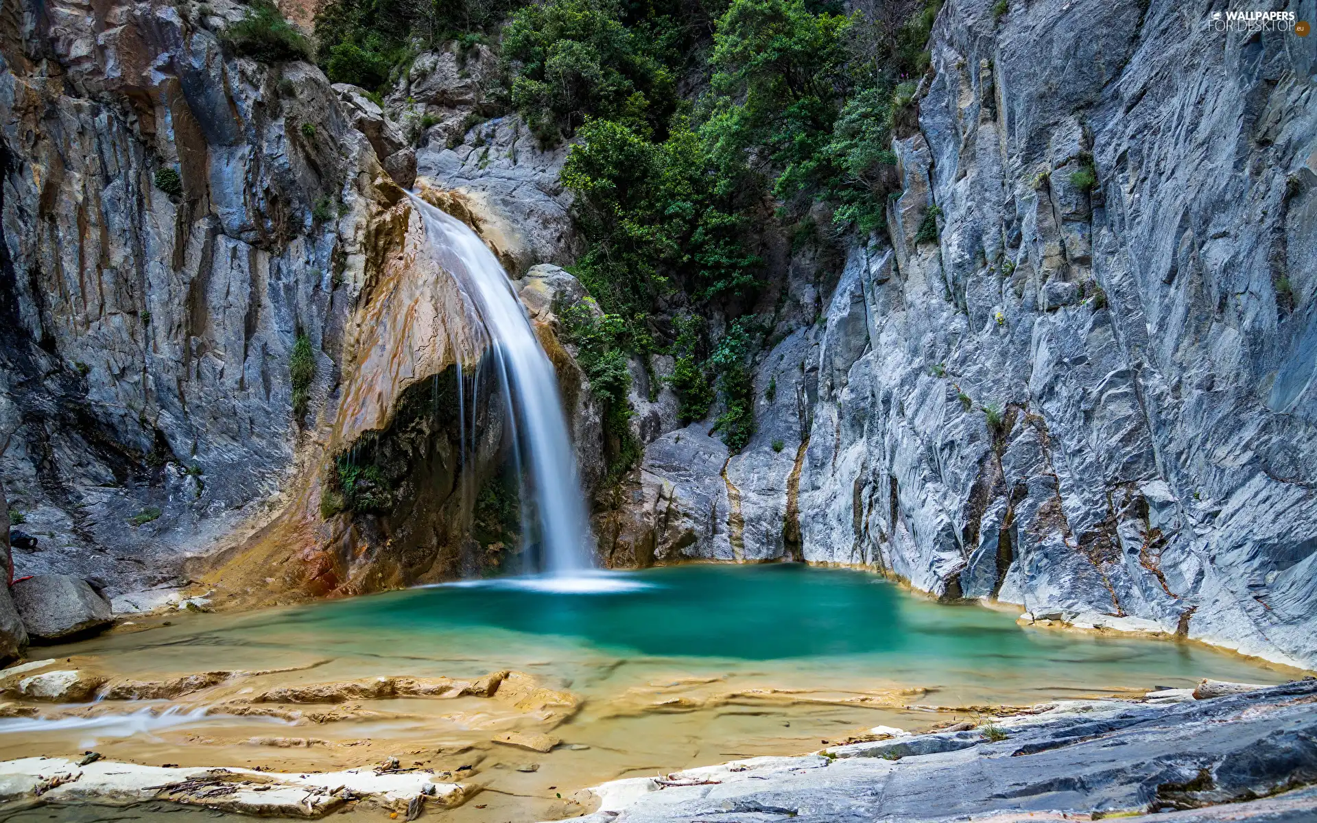 waterfall, green ones, Bush, rocks