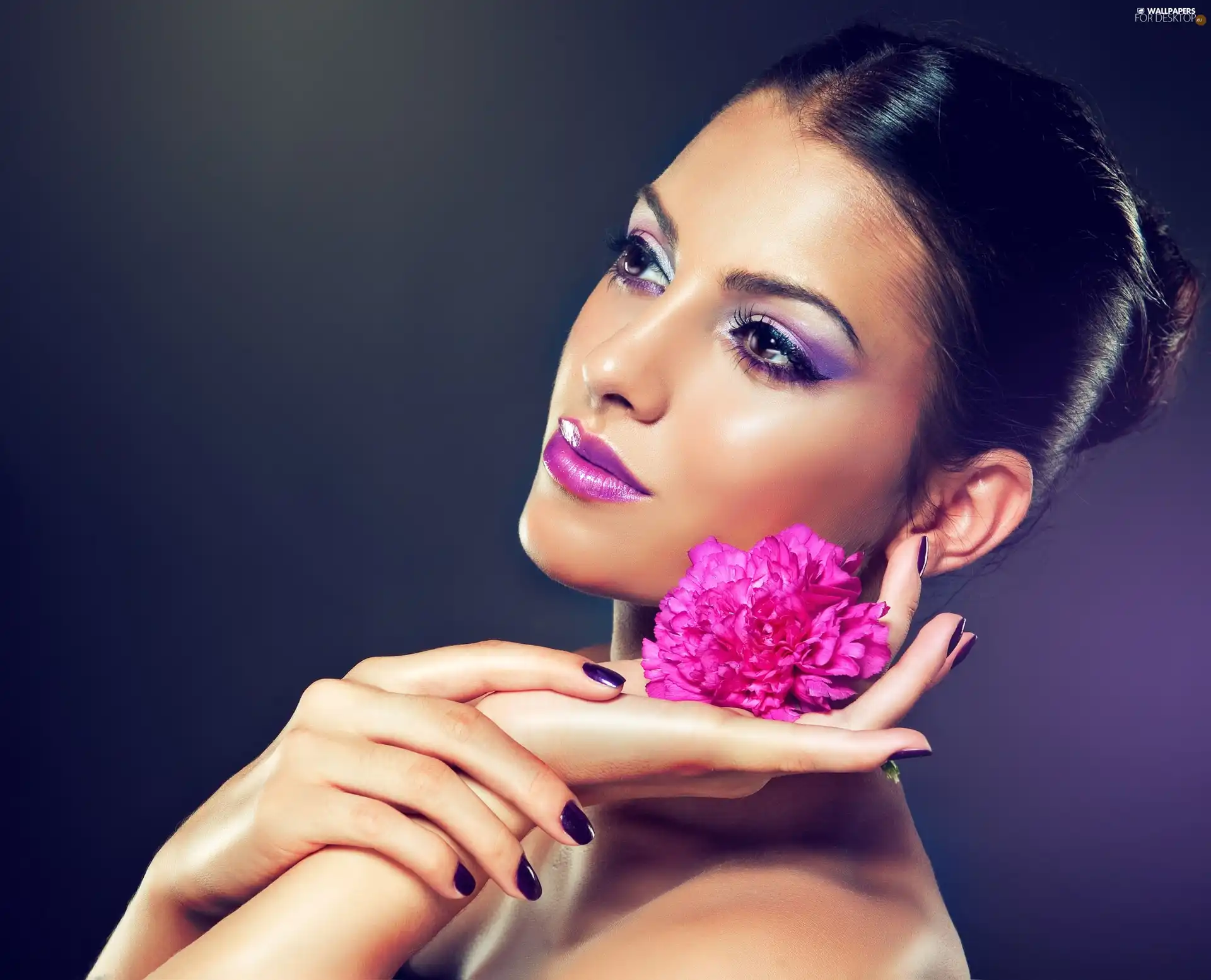 Women, Colourfull Flowers, hand, make-up