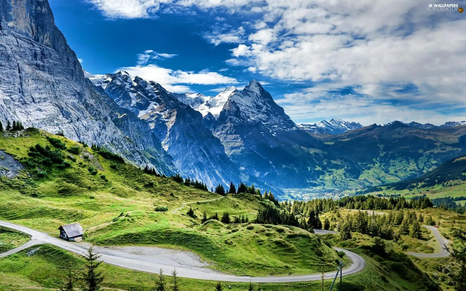 roads, Mountains, house, Switzerland, Glade, woods