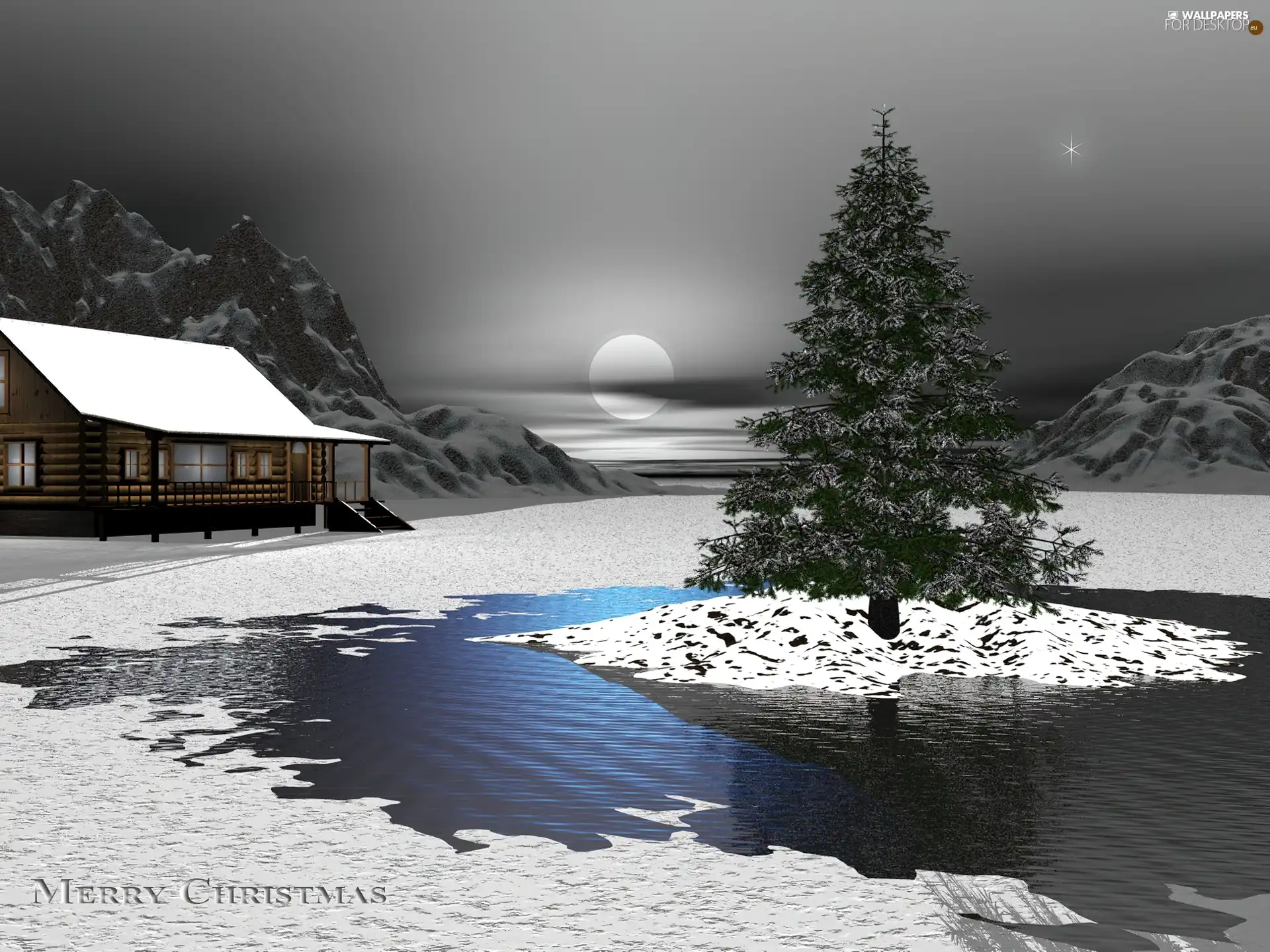 christmas tree, moon, house