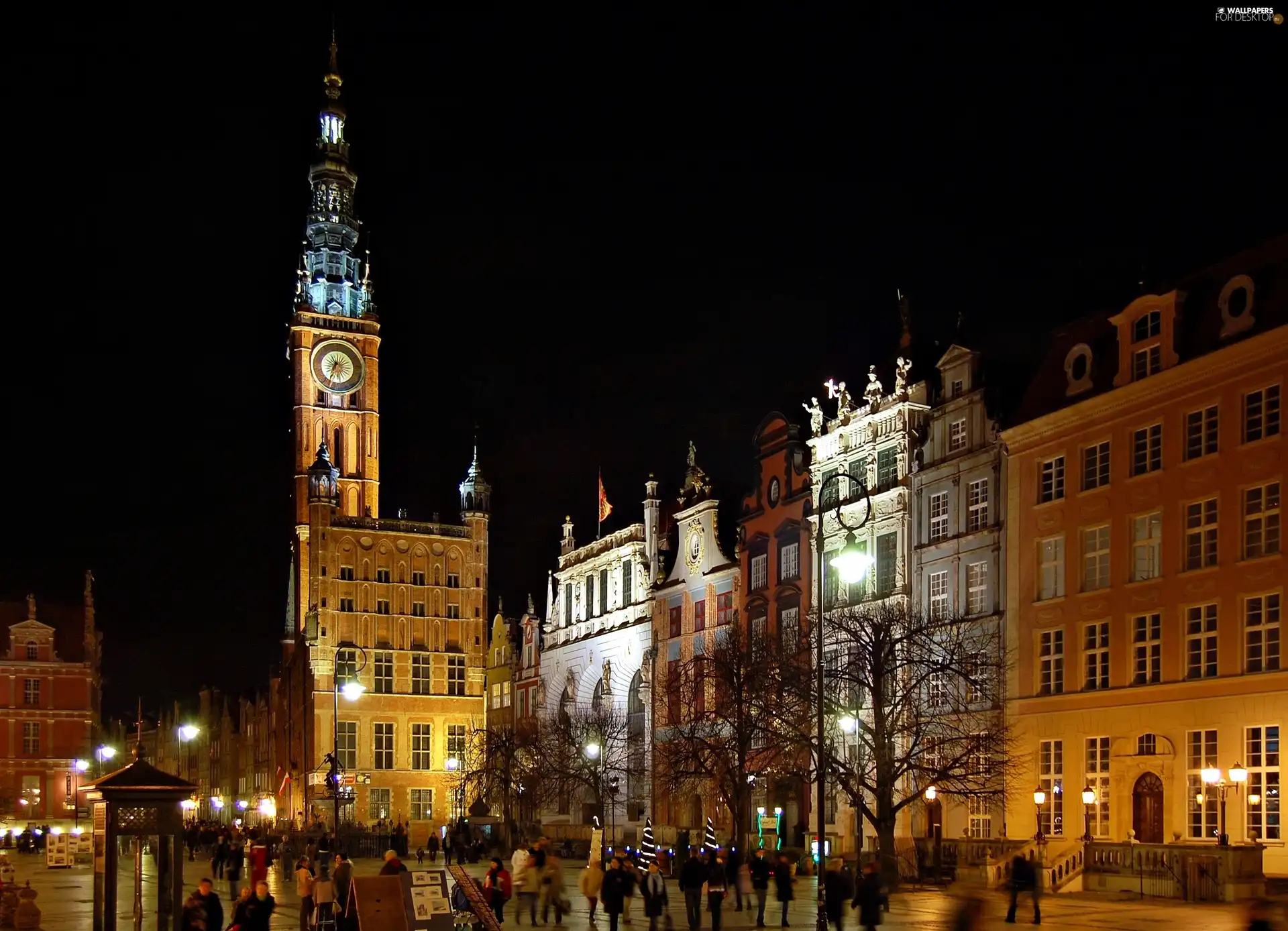 town hall, fragment, Poland, town, Gdańsk, Houses, The Long Market, night