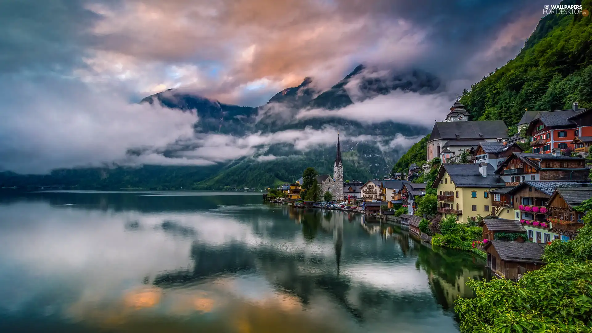 Salzburg Slate Alps, Hallstattersee Lake, Austria, Houses, Hallstatt, Mountains, Fog, Church