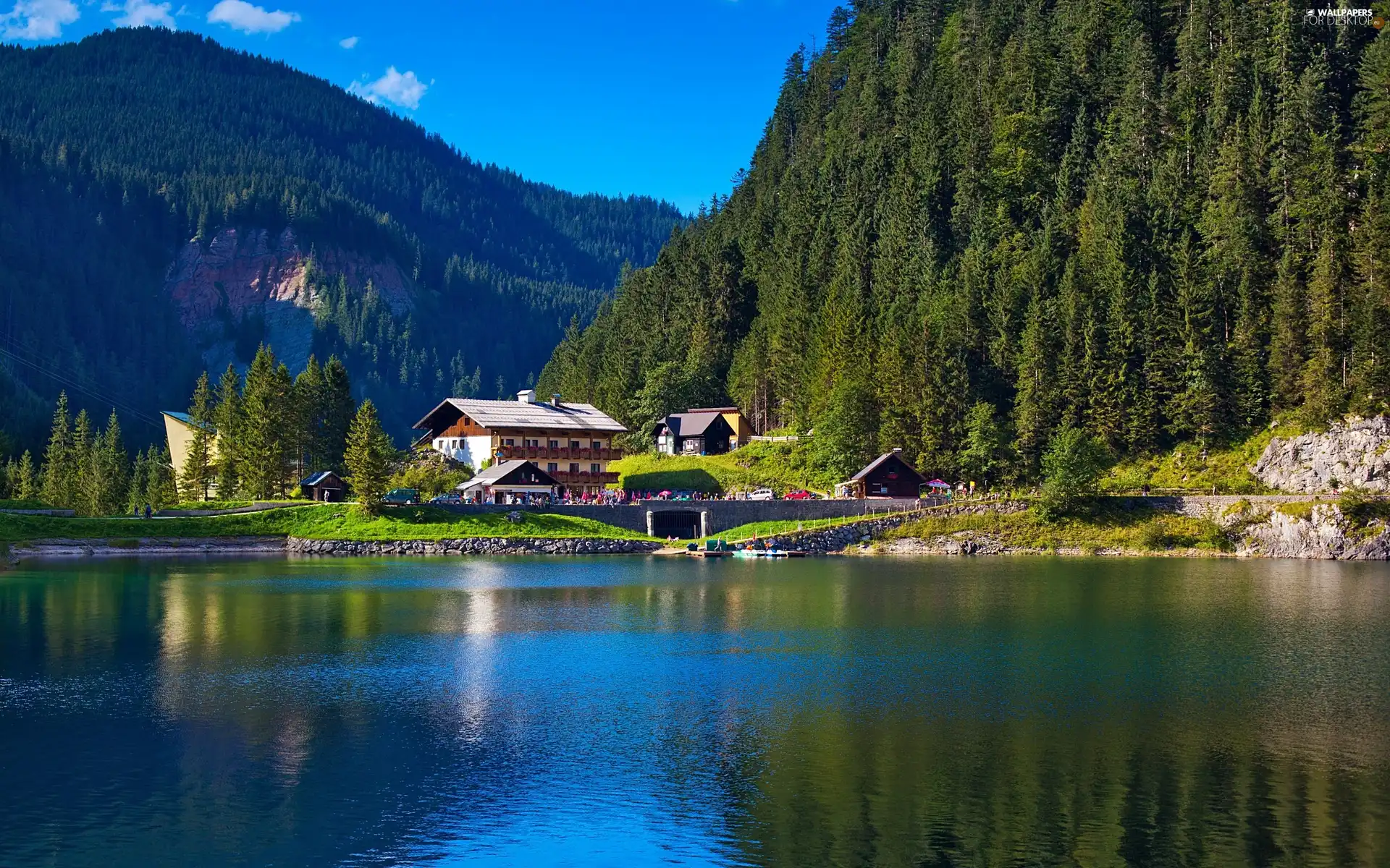woods, Alps, Houses, landscape, lake, Mountains