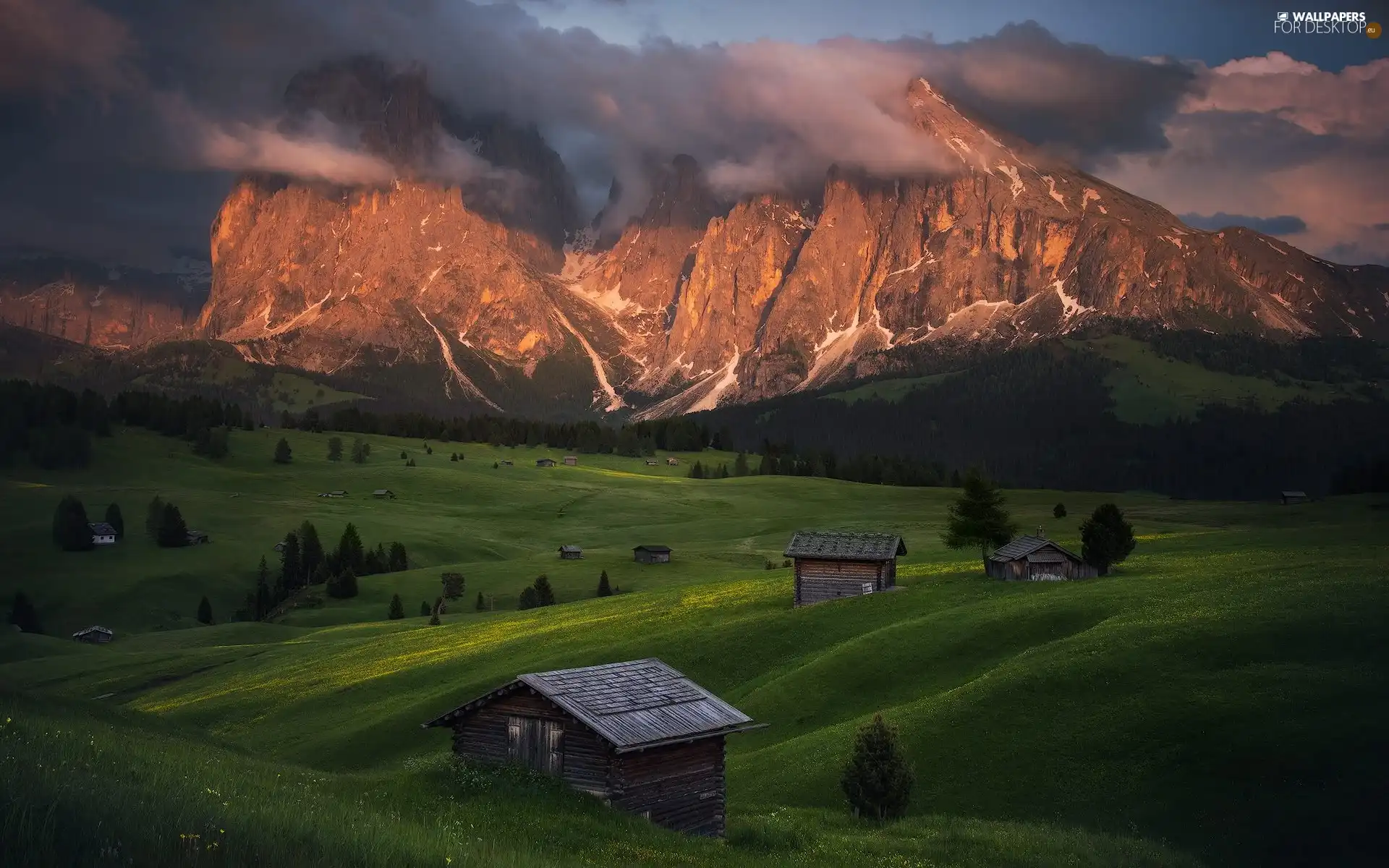 Valley, Dolomites, trees, Val Gardena, clouds, Italy, Houses, Seiser Alm Meadow, Sassolungo Mountains, wood, viewes