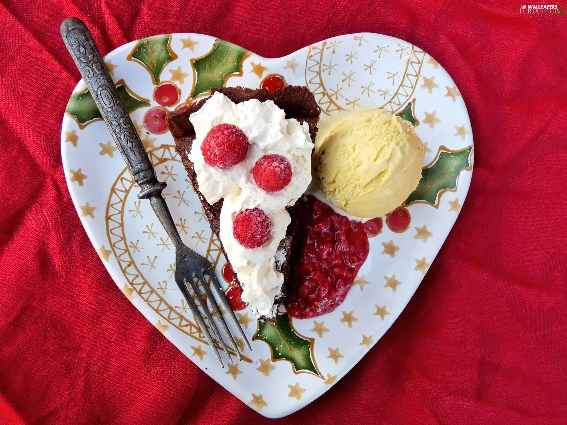 raspberries, cake, ice, plate, knob, cream