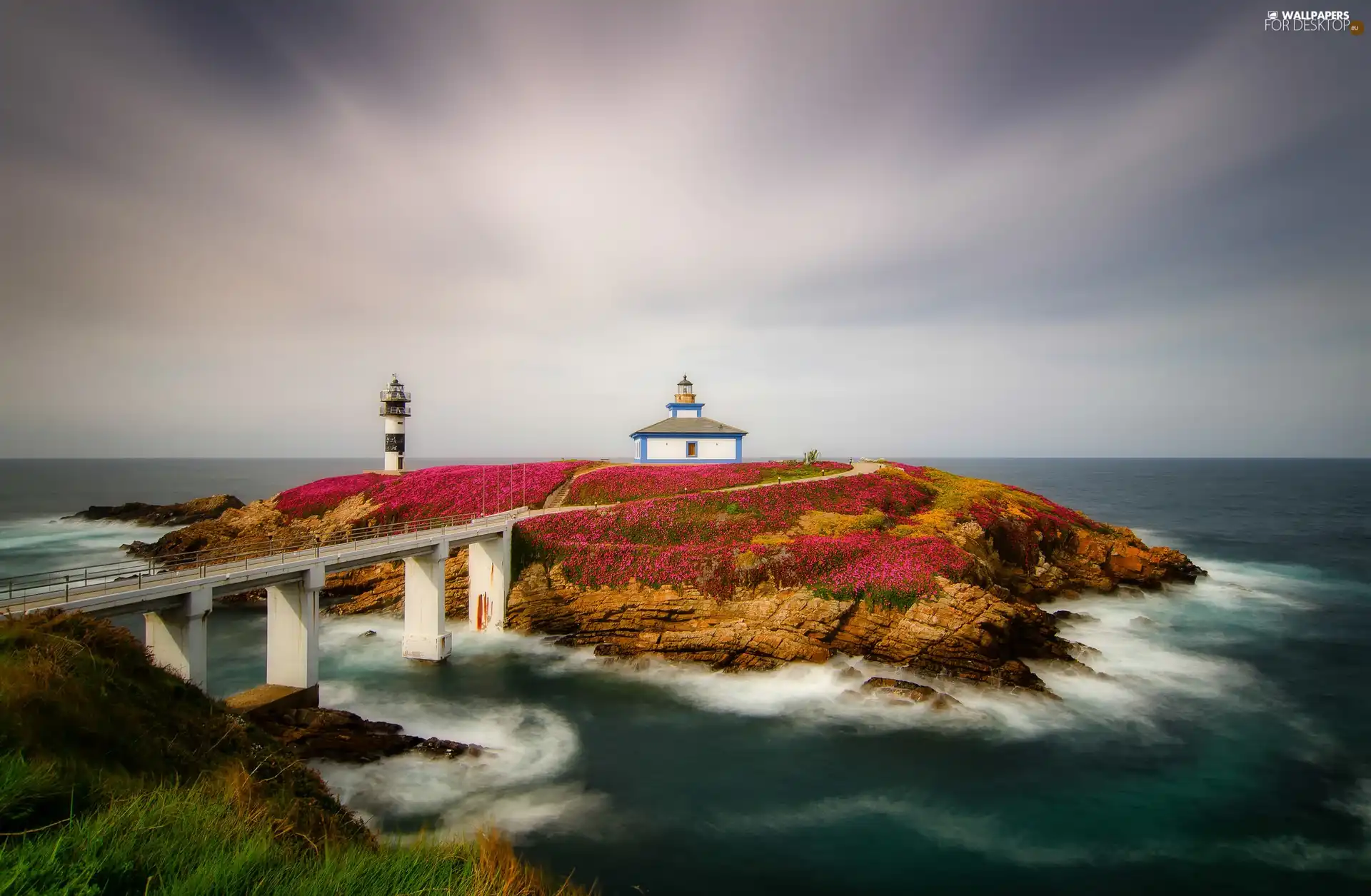 Isla Pancha Island, sea, Galicia, Lighthouses, bridge, Ribadeo, Spain