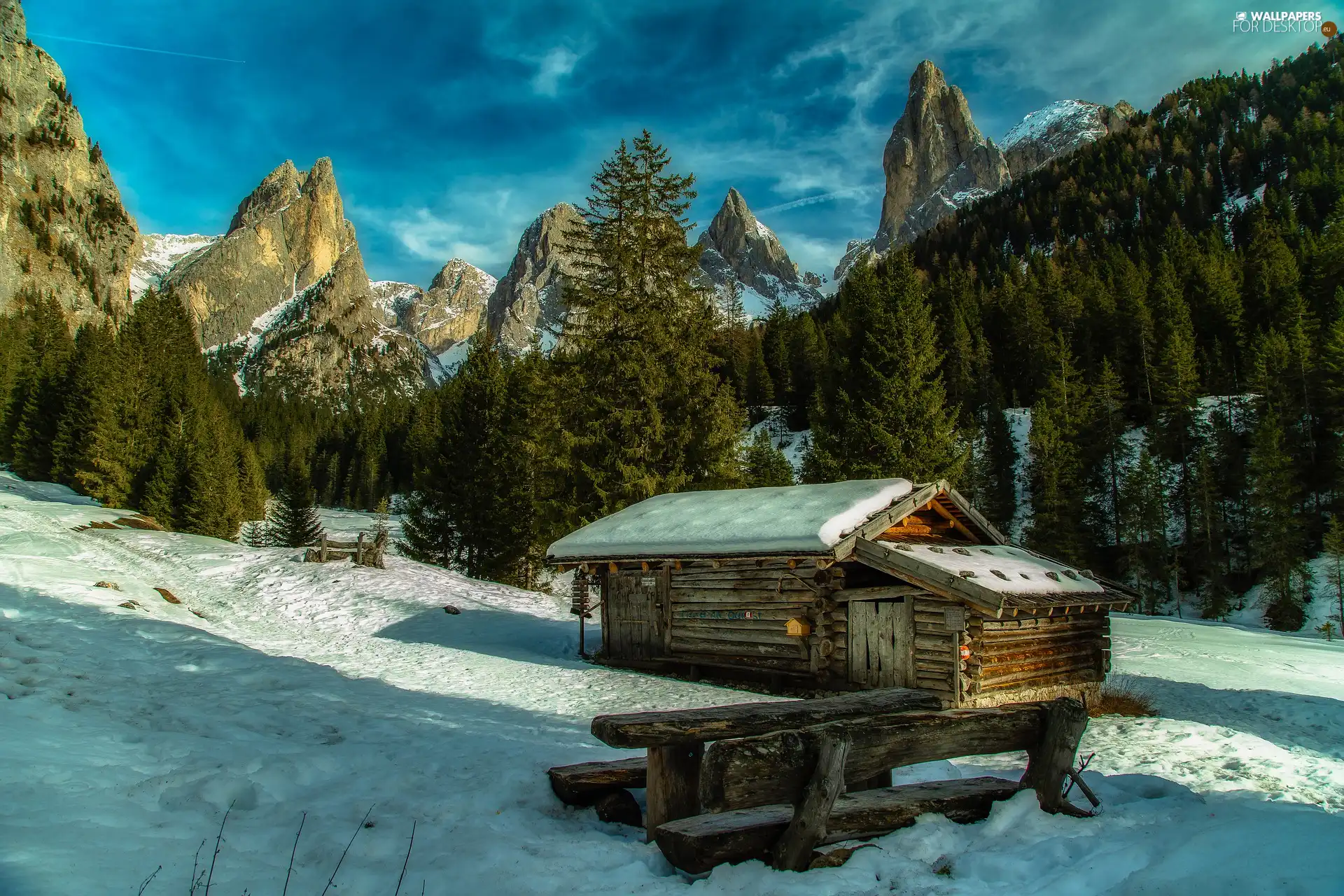 Alps, Mountains, cottage, Italy, winter, Dolomites
