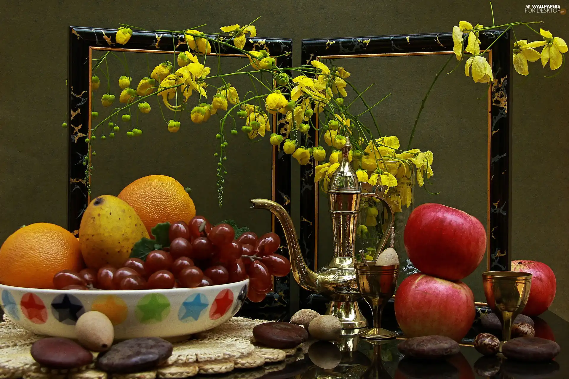 Grapes, Yellow, composition, Flowers, glasses, apples, orange, jug