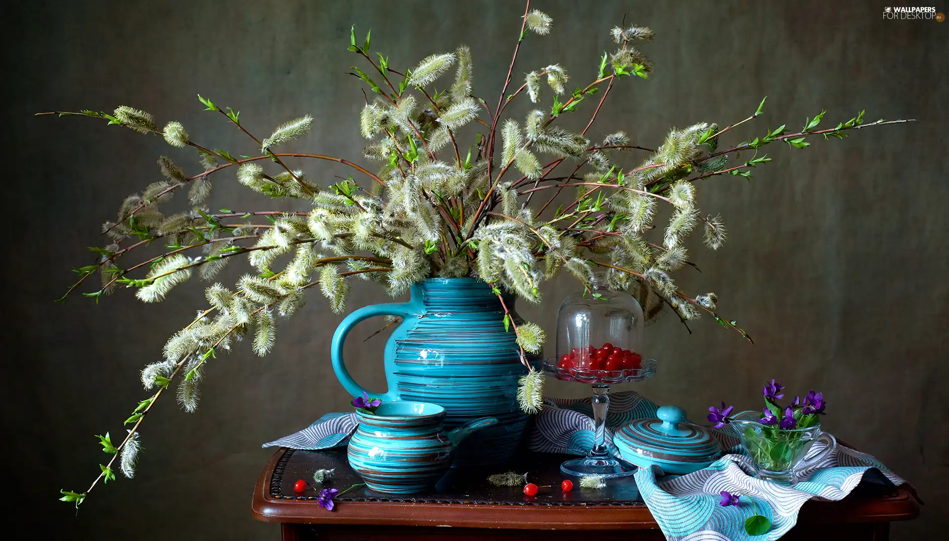 Willow, database, table, blue, Violets, Twigs, composition, jug