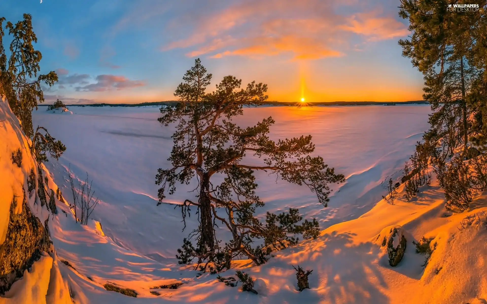 Lake Ladoga, frozen, Great Sunsets, trees, Karelia, Russia, winter, drifts, viewes