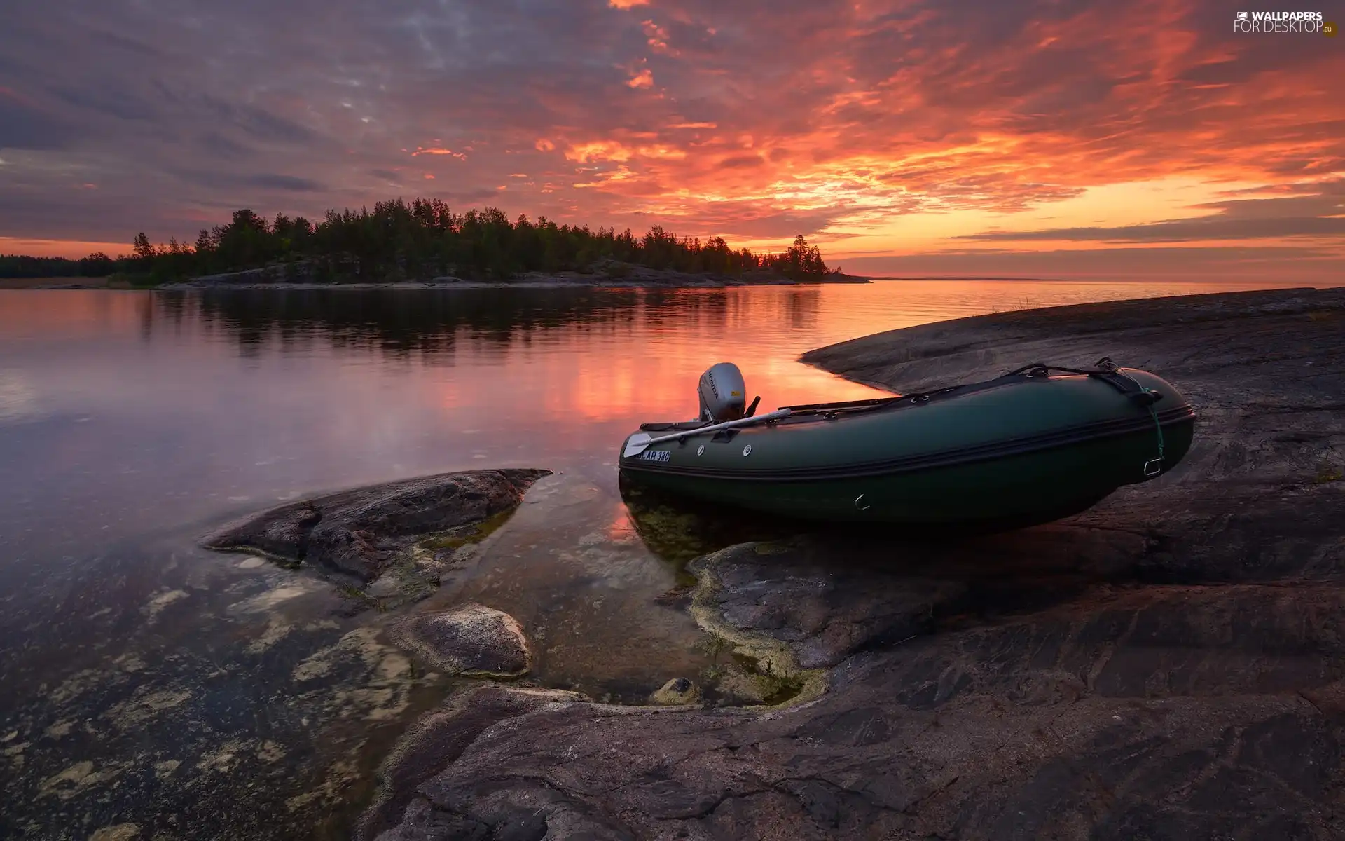 Ladoga, Islet, Russia, forest, point, lake, Great Sunsets, rocks