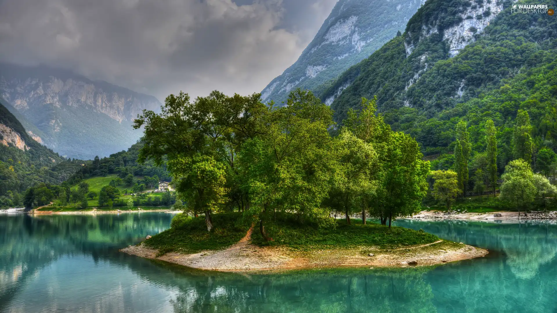 trees, Island, Mountains, lake, viewes, green ones