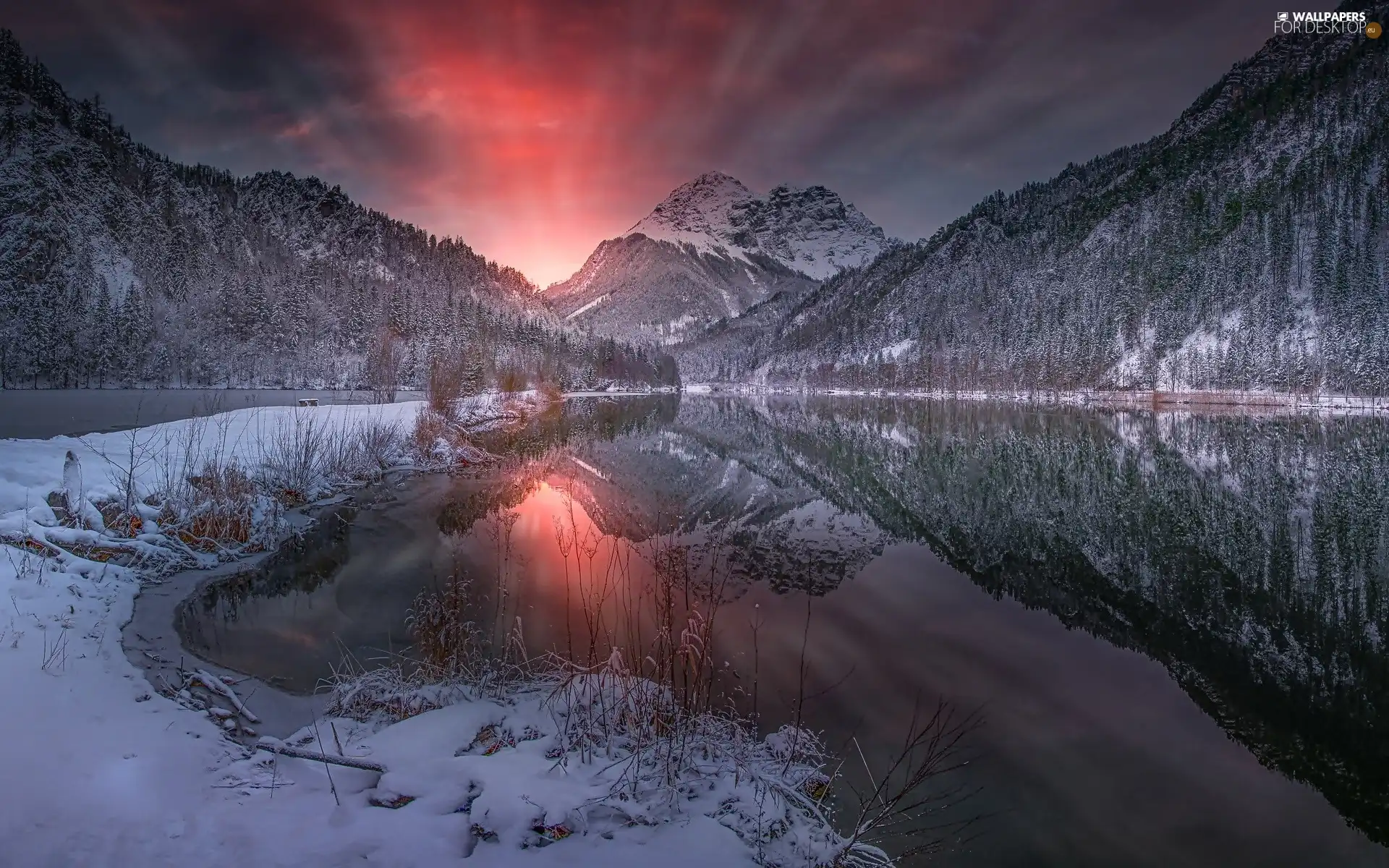 lake, forest, Great Sunsets, Snowy, viewes, Mountains, winter, trees