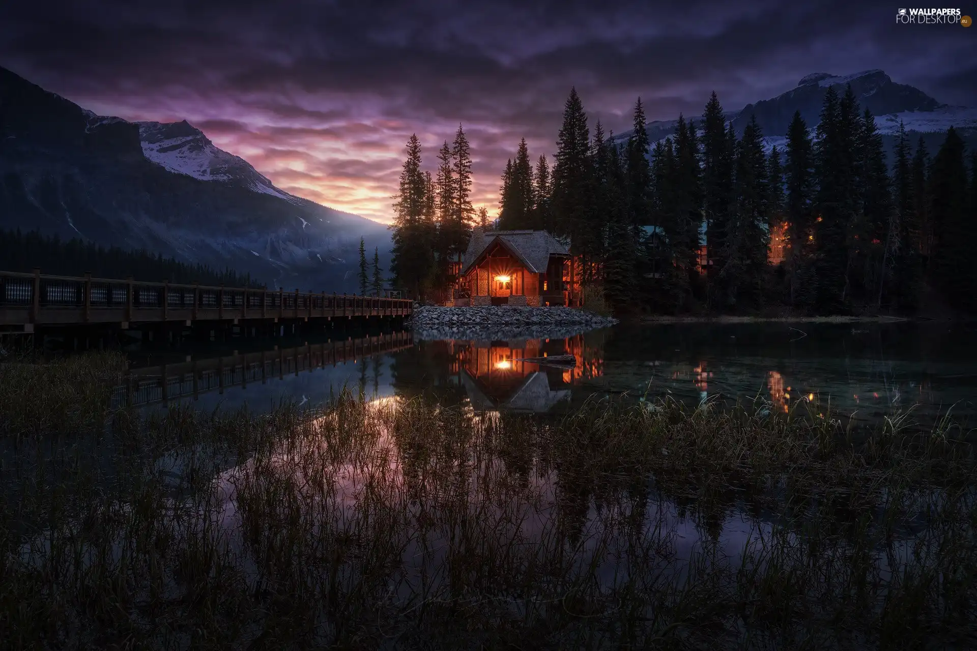 lake, Canada, Mountains, Night, house, Yoho National Park