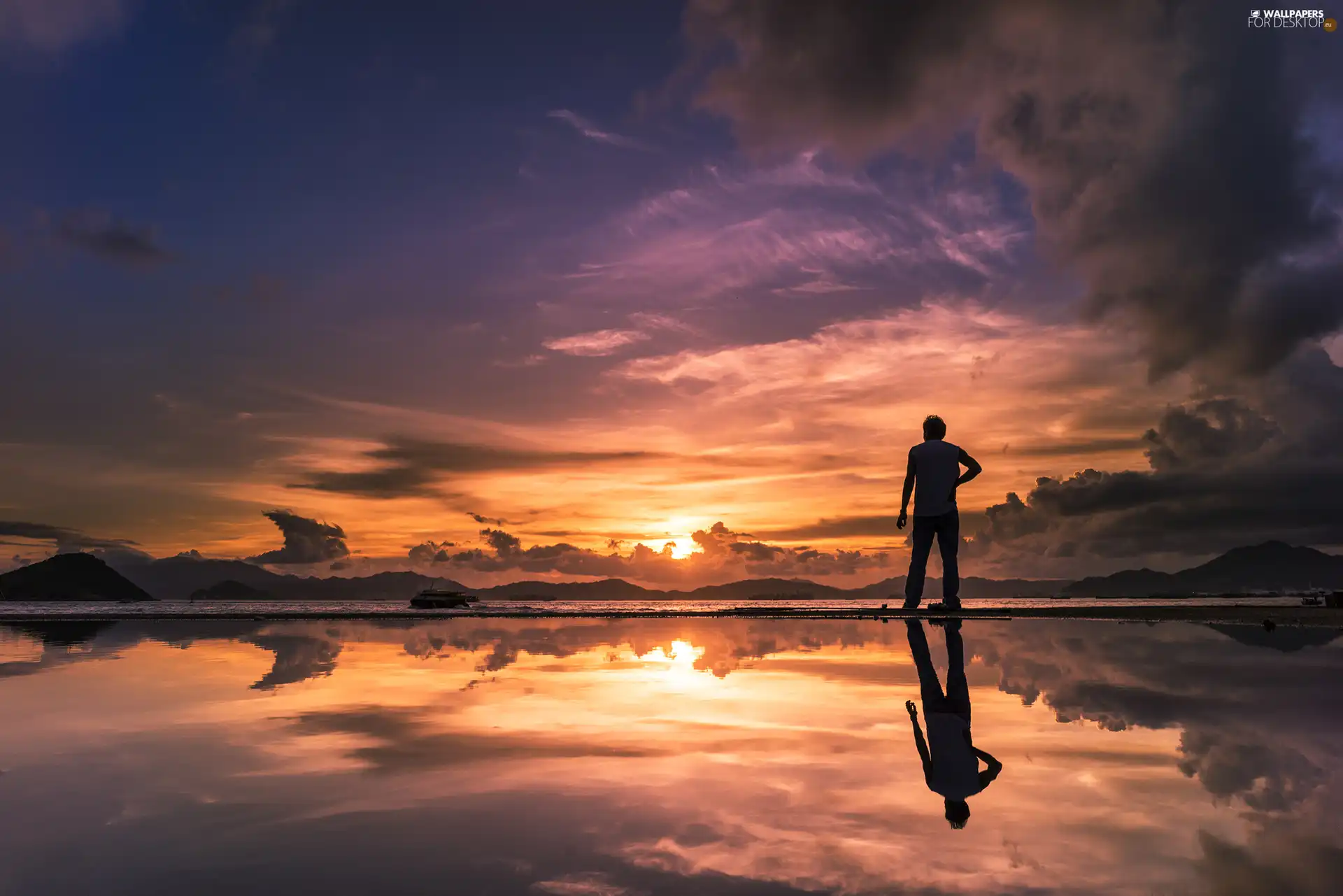 reflection, Great Sunsets, horizon, lake, a man