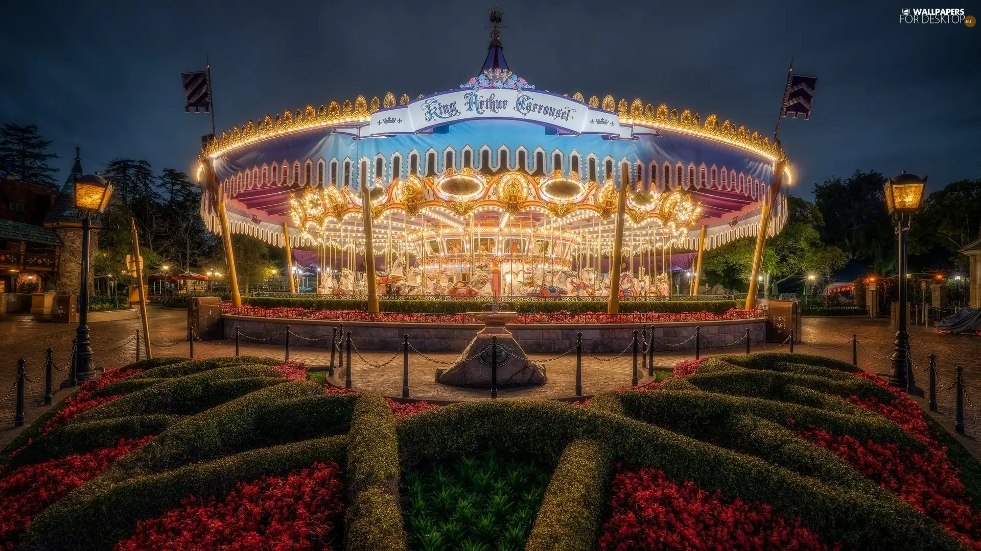trees, Amusement Park, Flowers, Night, carousel, viewes, Lamps