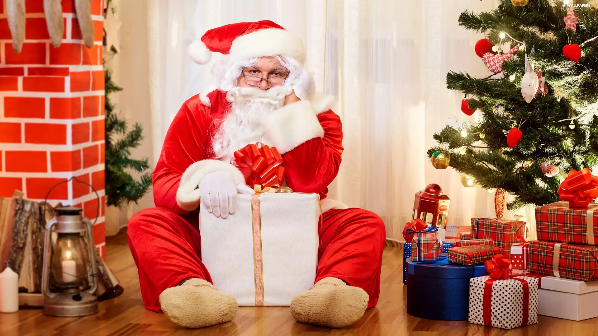Santa, lantern, christmas tree, gifts