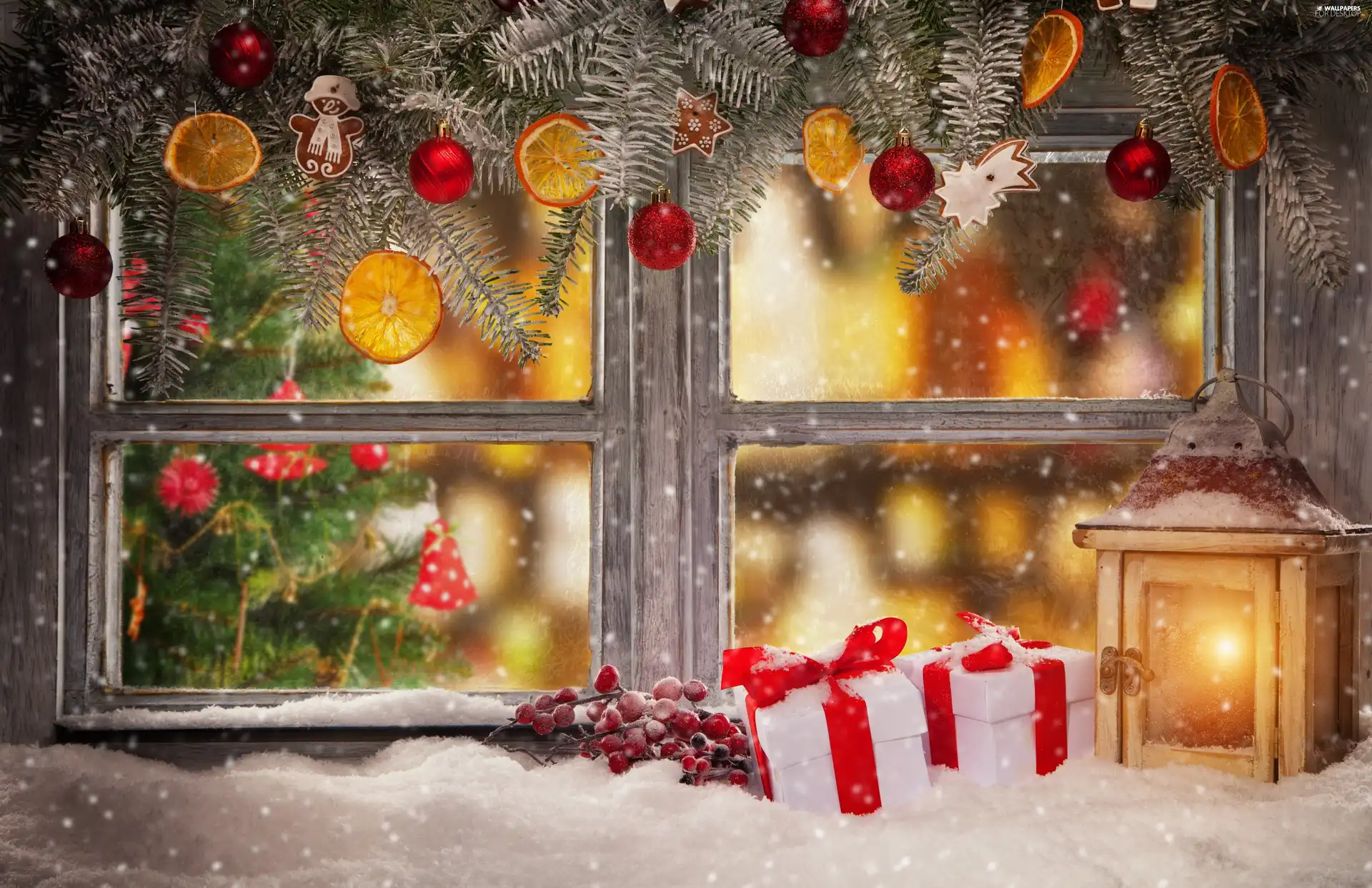 Window, lantern, Christmas, gifts, Twigs, composition, Christmas, snow