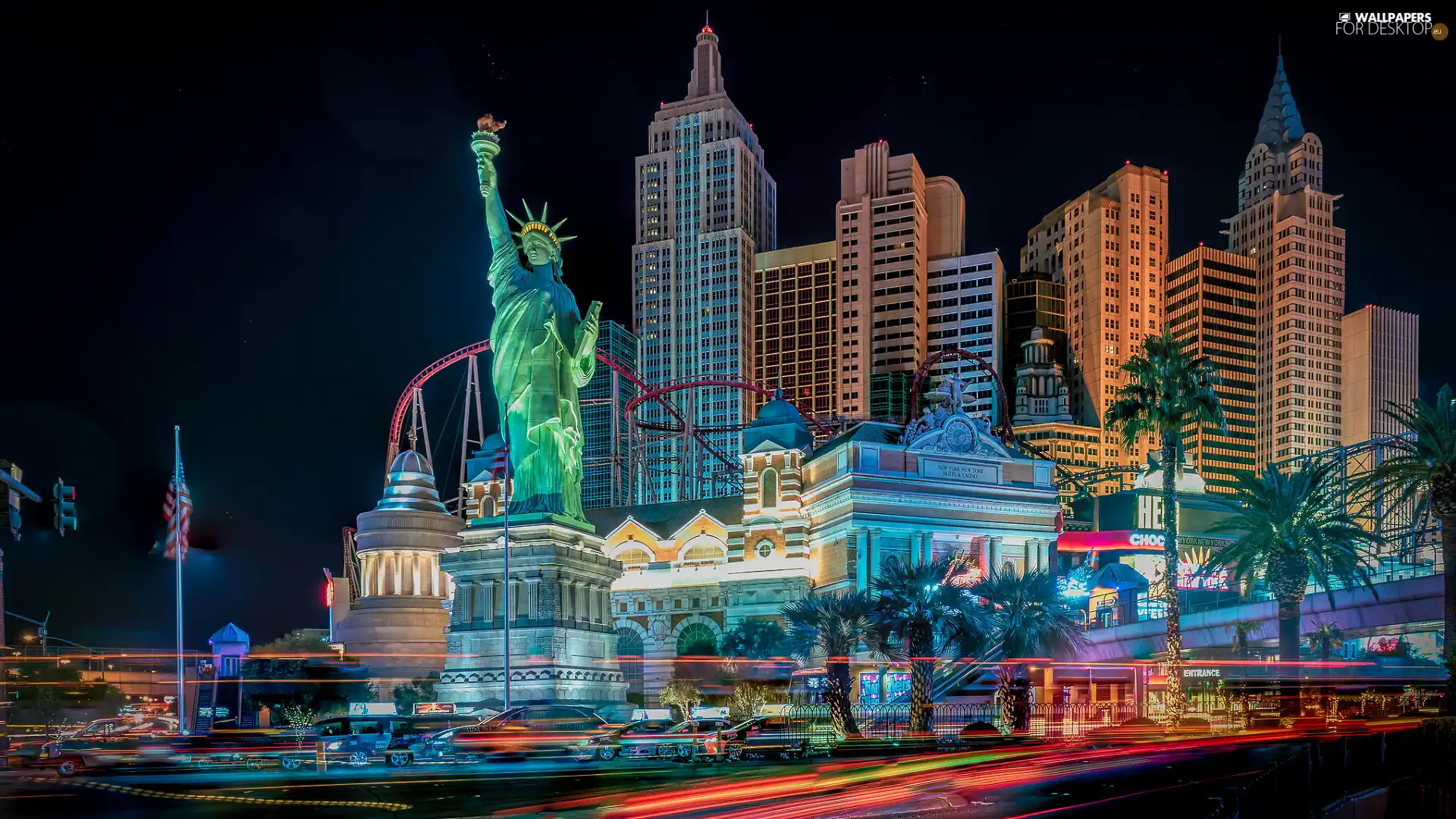 Night, skyscrapers, Nevada, The United States, Las Vegas, Statue of Liberty