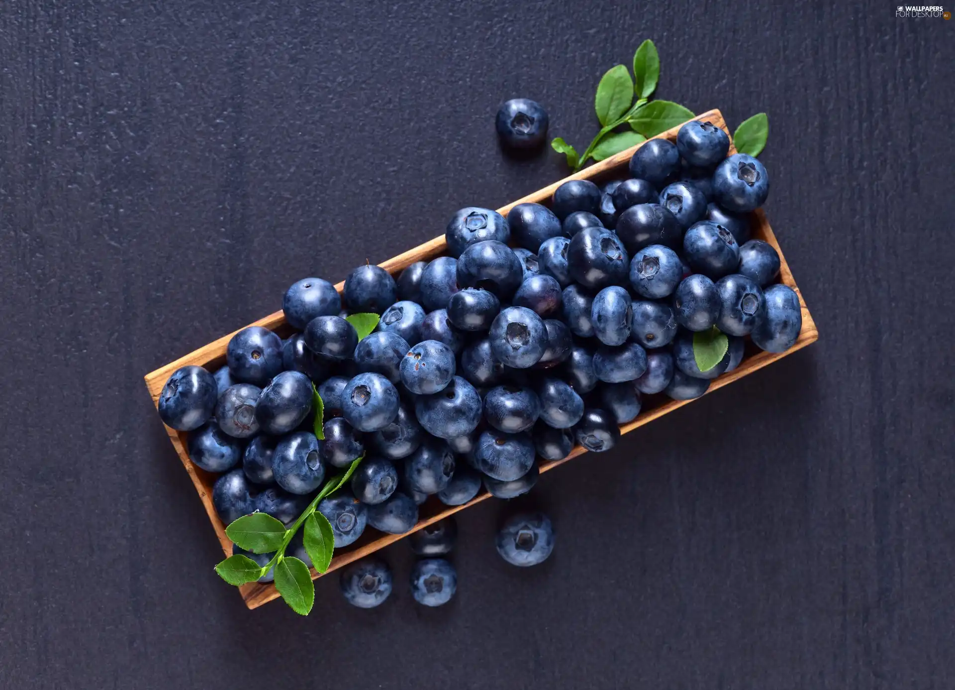 blueberries, container, leaves, wooden