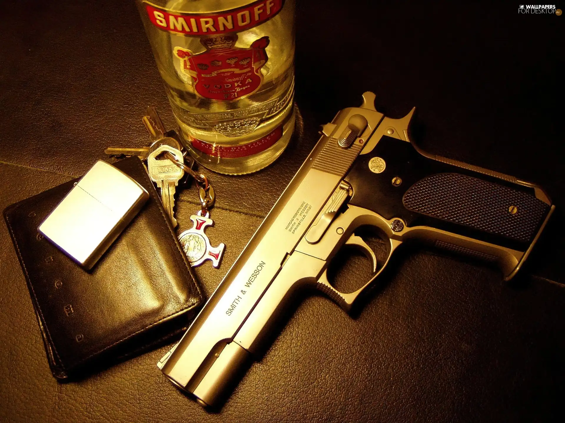 Gun, vodka, lighter, keys, wallet, Smirnoff