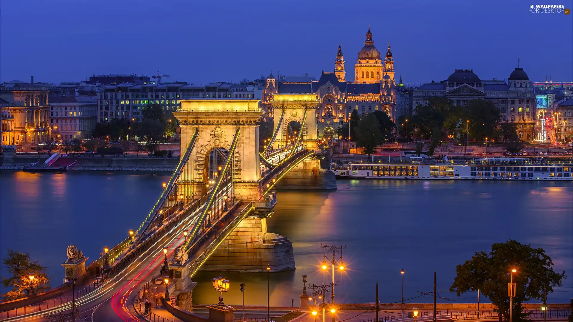 River, Budapest, Chain Bridge, Night, Hungary, Danube, lighting