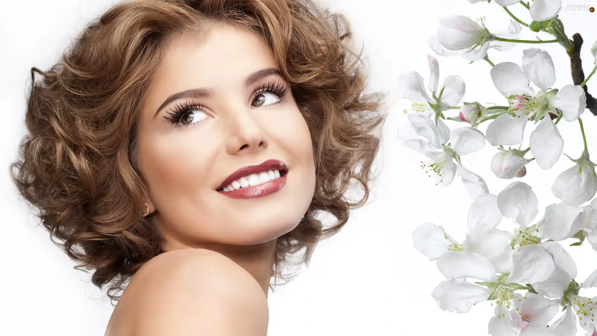 make-up, Brown, Flowers, Eyes, The look, face, Women, Smile
