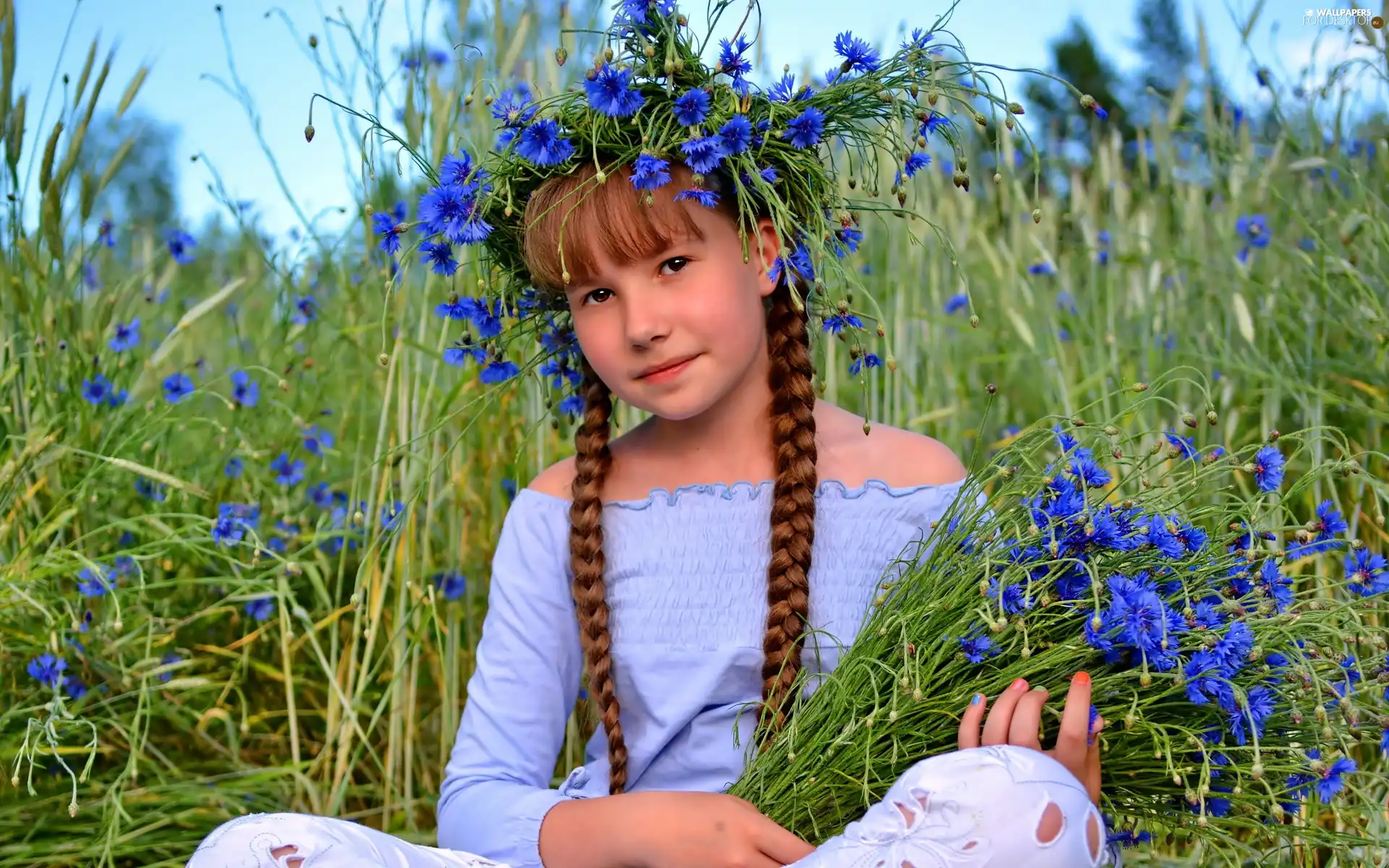 Meadow, Flowers, wreath, summer, girl