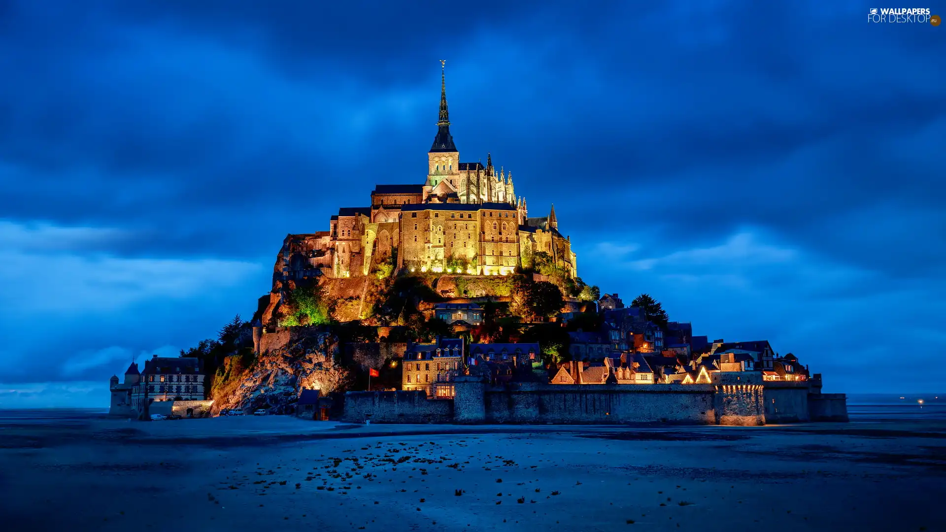 Abbey of St. Michael the Archangel, Mont Saint-Michel, Normandy, illuminated, Island, evening, France