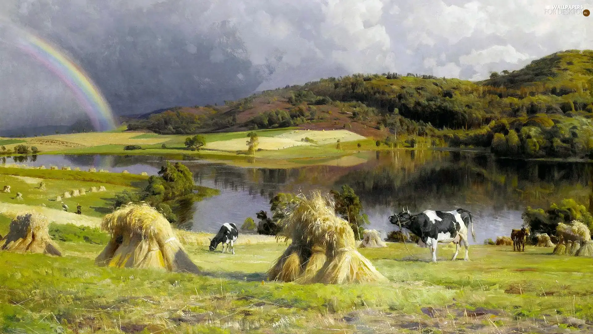picture, painting, Peder Mork Monsted, Great Rainbows, Cows, The Hills, country, pasture, River