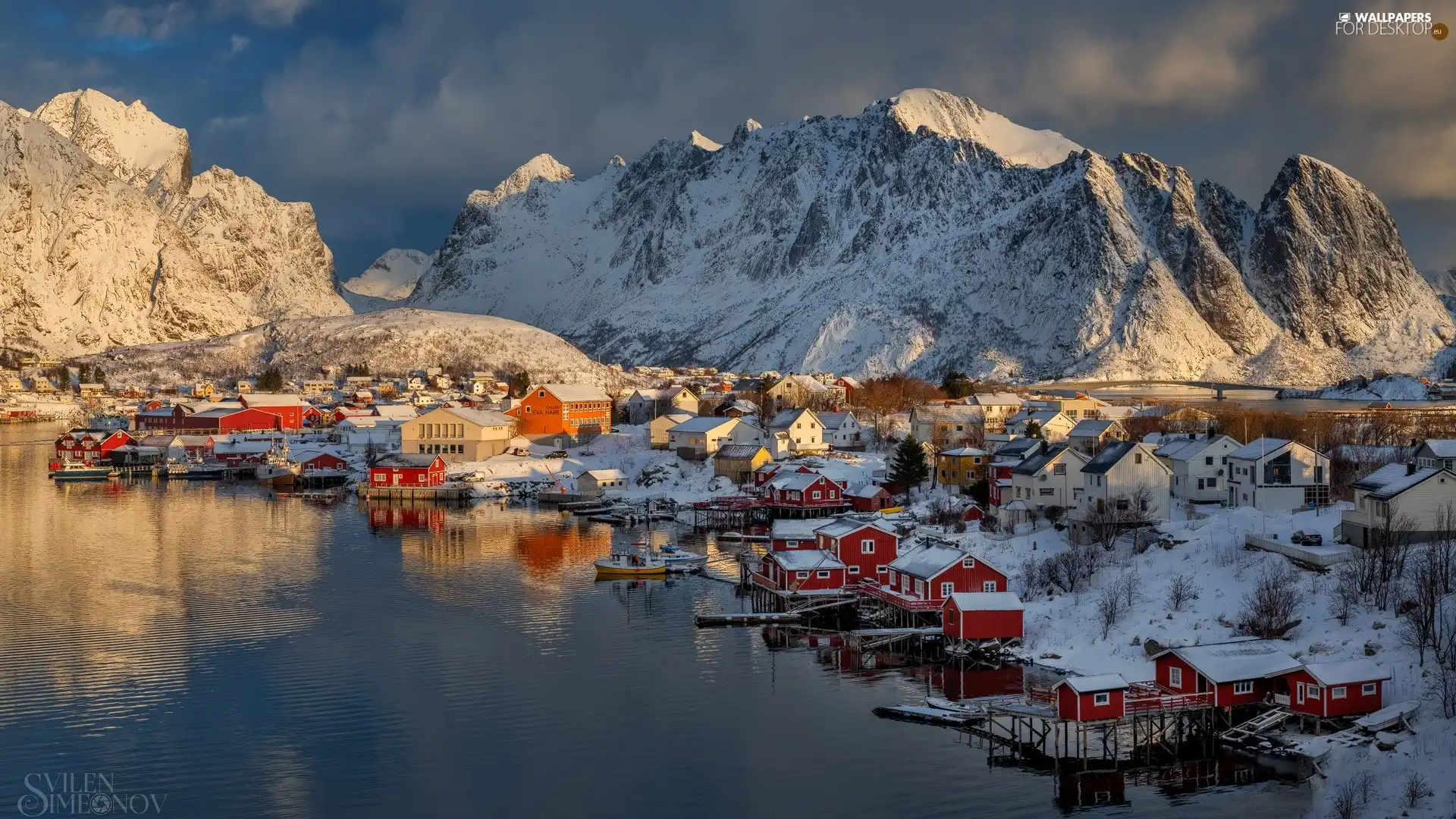Moskenesoya Island, Reine Village, winter, Houses, clouds, Lofoten, Norway, Mountains