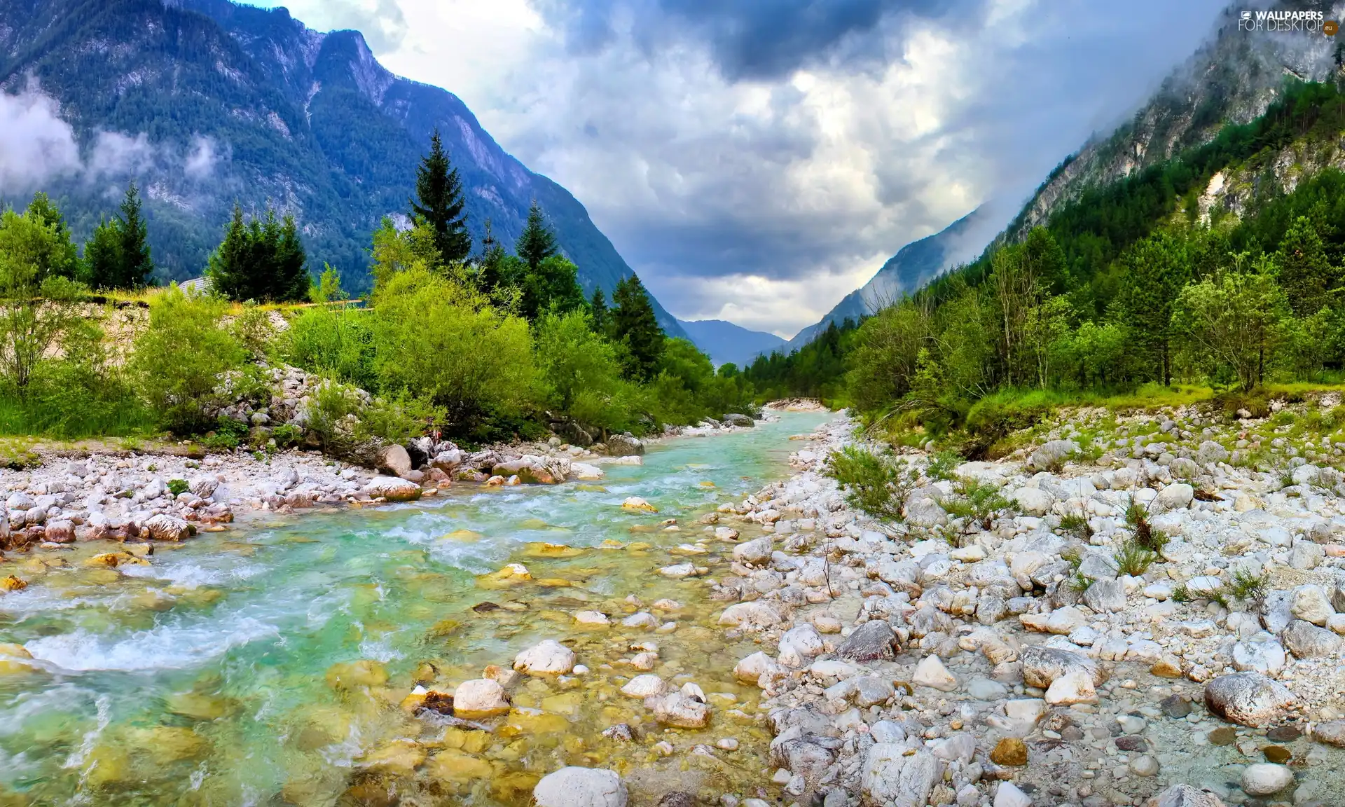 Mountains, clouds, woods, Stones, River