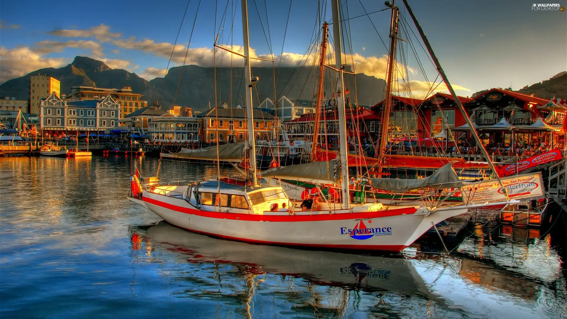 Mountains, Houses, Harbour, Town, Sailboats