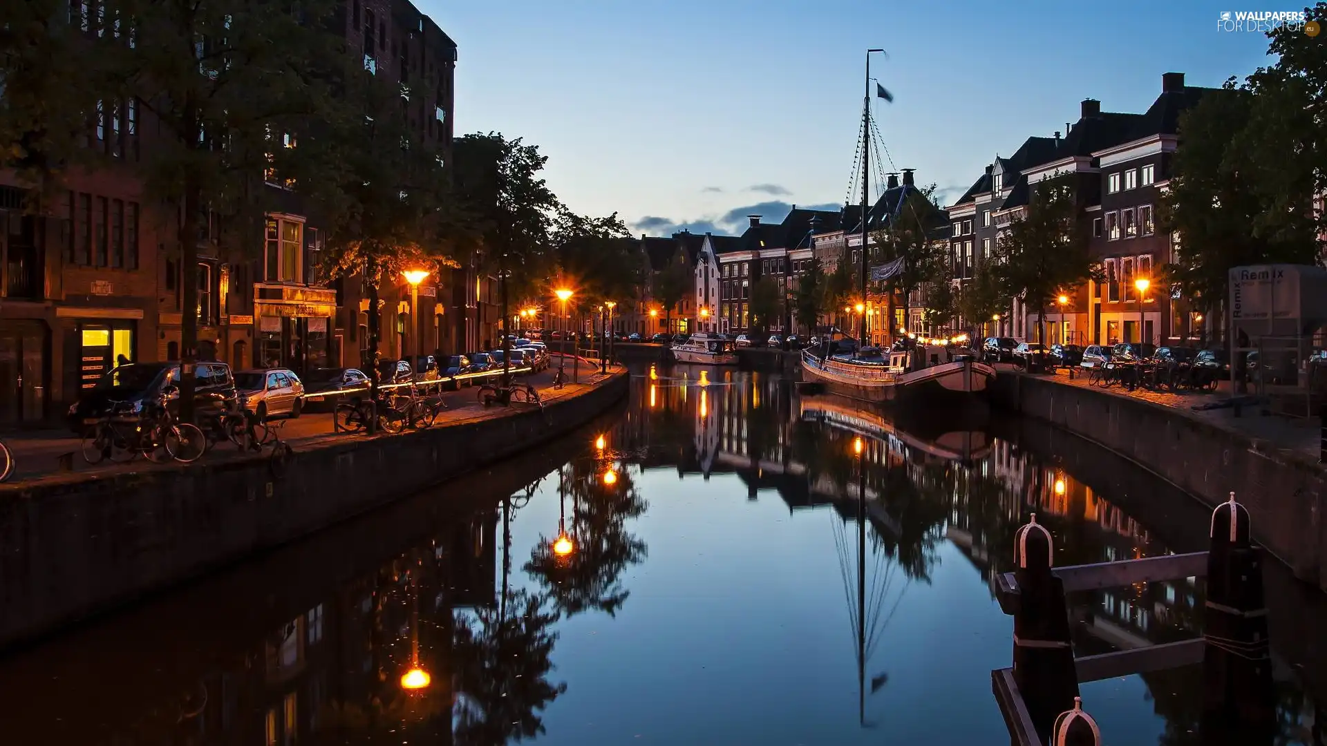Groningen, Netherlands, lanterns, canal, Houses